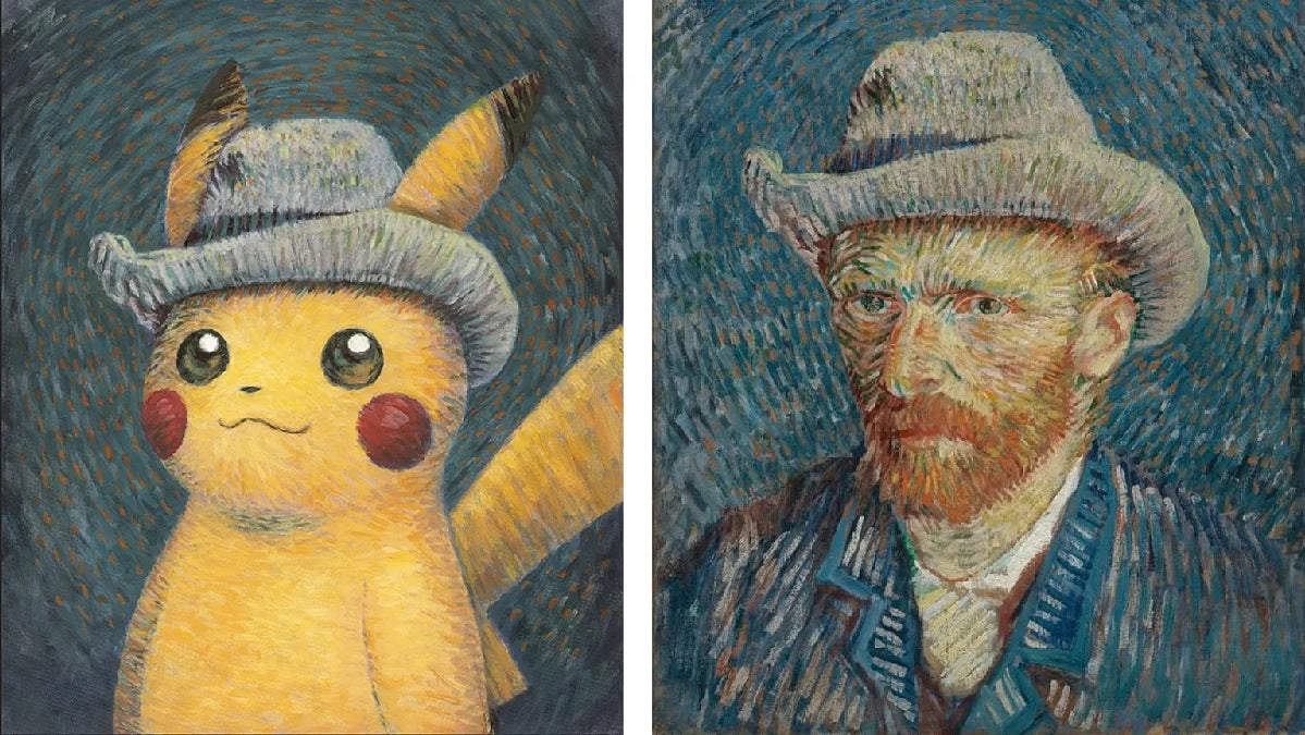 Naoyo Kimuras Pikachu med grå filthatt, inspirerad av Vincent van Goghs självporträtt