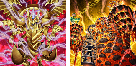 Ra och Lava Golem i Immortal Phoenix – officiella illustrationer, inte fullständiga kortbilder. Bild: Konami.