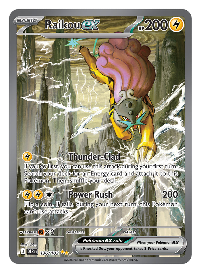 Raikou ex – engelsk förhandsvisning av Delta Reign. Illustration: Oku. Bild: The Pokémon Company, via GamesRadar.