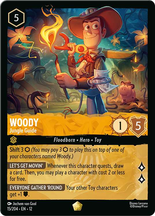 Woody – Jungle Guide, engelska Wilds Unknown 15/204. Illustration Jochem van Gool. Officiell kortbild: Ravensburger / Disney/Pixar.